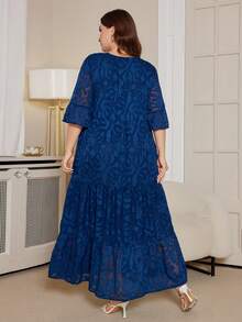 DEARCASE 大码女式深V领荷叶袖多层下摆长裙夏季度假优雅 - 海軍藍 - 查看 2