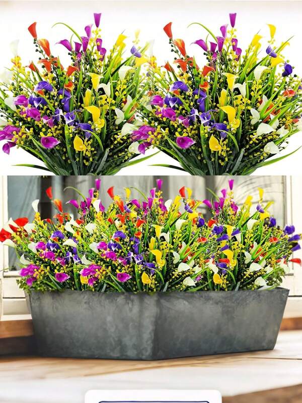 5 Bunches Artificial Spring Grass & Calla Lily Flowers, UV-Resistant Fake Plants, Plastic Material, Summer Floral, Indoor/Outdoor Hanging Potted, Home Garden Porch Decor (Mixed Colors), Suitable For Valentine's Day, Wedding, Birthday, Easter And Other Occasions. Outdoor Artificial Calla Lily Flowers, UV-Resistant Fake Plastic Plants, Colorful Simulated Lily Flowers, Suitable For Home Garden Planters, Porch, Window Sill Decoration.