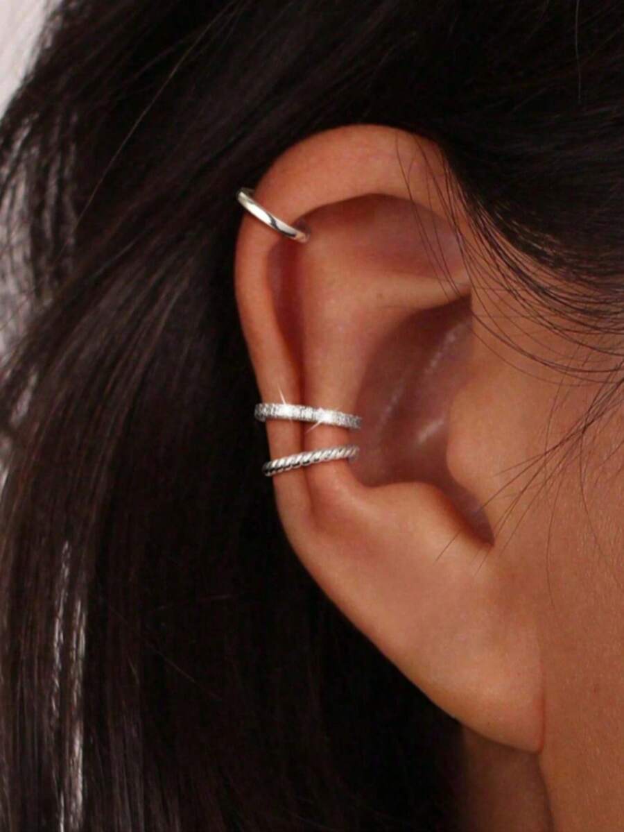 Bộ 3 khuyên tai kẹp, khuyên tai vòng đính đá Cubic Zirconia tinh tế, khuyên tai kẹp sụn tai, bộ quà tặng trang sức dành cho nữ. - Bạc - Xem 1