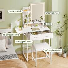 Tomnk Makeup Vanity Desk Set With Mirror LED Lights(Powered By Usb) And Power Outlet Vanity Desk With Soft Dressing Stool, Drawers, Open Organizer, Dressing Table Bedroom, Minimalist Aesthetic Room Decor, Home Decor, Bedroom Furniture, For Christmas Thanksgiving Festival Gift - 查看 5