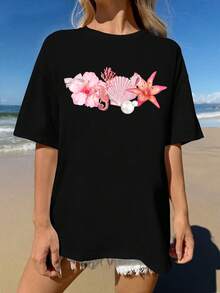 Maglietta casual ampia donna a maniche corte con scollo rotondo, stampa di fiori, cavalluccio marino, perle e stelle, adatta per primavera/estate, regalo di compleanno