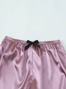 [Elegant Fields]3pcs Set Satin Pajamas For Women, Including Solid Color Shirt With Lapel Collar, Short Sleeve Button Down, And Short/Long Pants, Suitable For Home Wear, Spring & Summer - Lilac Purple - View 5