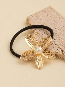 1 件女士时尚金属奢华 5 瓣花珍珠发带弹性发带合金发饰马尾辫发绳