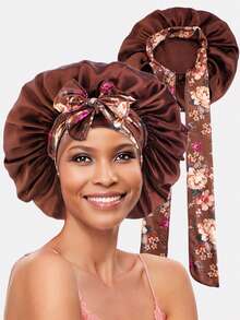 1pc Women Elastic Printed Ribbon Satin Hair Bonnet, 36cm Diameter, Head Wrap Cap Suitable For Daily Use - Multicolor - View 6