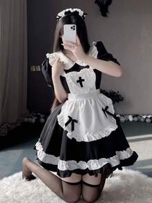 一件可爱甜美女仆蕾丝缎面蝴蝶结双色连衣裙，适合角色扮演、舞台表演、节日派对、休闲穿着、万圣节、派对礼服 - 彩色 - 查看 2