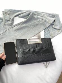 Fashionable Solid Color PU Flap Envelope Clutch Bag, High-Quality Crocodile Texture Pattern, Elegant Niche Design, Casual Minimalist, Multi-Functional - Black - View 7