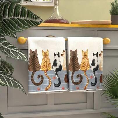 1pc/2pcs Cat Cartoon Kitchen Towel,Soft & Absorbent Machine Washable Polyester Dishcloth, Perfect For Kitchen Decor, Cooking.Baking, Holiday Decor & Bathroomssentials, TableDecor, Kitchen Supplies, Home Decoration, New Home Bathroom Housewarming Gift, Kitchen Towels
