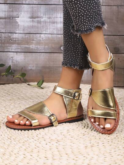 2025新款深色平底凉鞋，创意复古罗马高帮时尚凉鞋