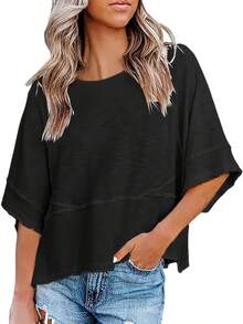 Women's Casual Asymmetrical Neck Drop Shoulder Half Sleeve T-Shirt With Exposed Seams, Regular Length Polyester Top For Everyday Wear - 黑色 - 查看 1