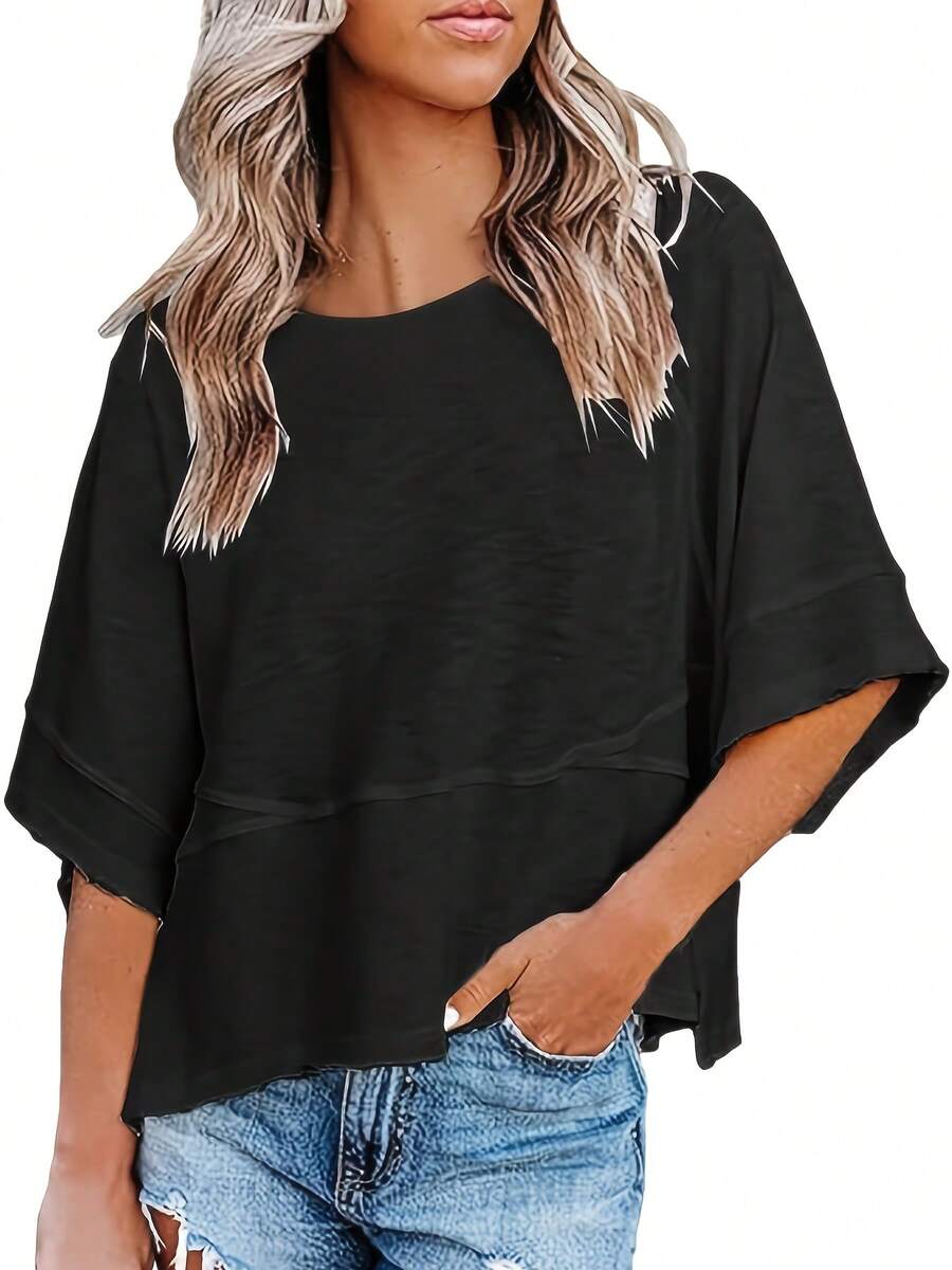 Women's Casual Asymmetrical Neck Drop Shoulder Half Sleeve T-Shirt With Exposed Seams, Regular Length Polyester Top For Everyday Wear - 黑色 - 查看 1