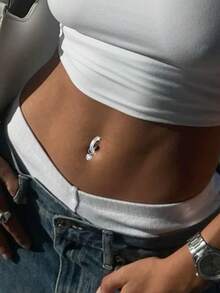 1pc 925 Sterling Silver Heart Shaped Navel Ring, Inlaid With Gemstones, Belly Button Ring - Gift For Her - Navel Nails - View 3