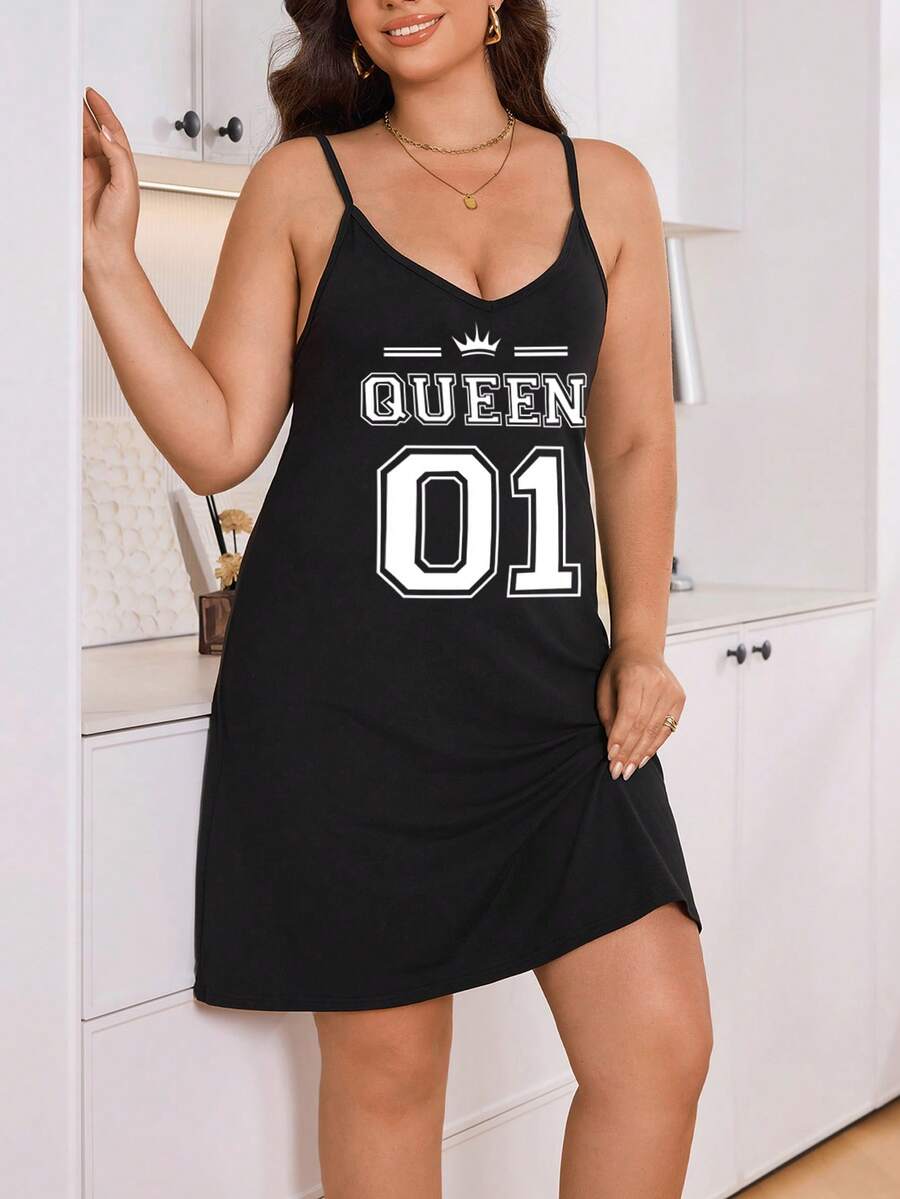 New Plus Size Women's Sexy Casual Pajamas - Solid Color Letter V-Neck Plus Size Suspender Robe Vest Sleeveless Nightgown Simple Casual Home Clothes Suitable For Valentine's Day Gifts, Letter, Crown Pattern Printed Pajamas - Black - View 1