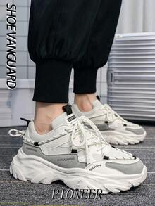 (Size Run Small) Men's Elevator Chunky Sneakers, Campus Fashion Lace-Up Shoes, Letter Graphic Color Block Casual Sporty Sneakers - Black - View 5