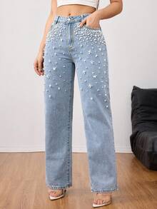 优雅珍珠装饰水洗直筒牛仔裤 - 奢华时尚女式牛仔裤 - 春季时尚服饰 - 淺色水洗藍 - 查看 5