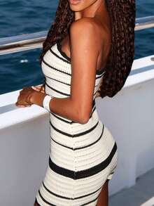 Apperloth A Boho Series Strapless Fitted Bodycon Sexy Hollow Out Black & White Colorblock Jacquard Midi Wave Lace Dress - 黑與白 - 查看 2