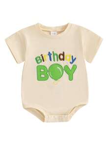 Baby Boys Rompers Birthday Clothes Letter Embroidery Summer Short Sleeve Bodysuits Jumpsuits - Beige - View 2