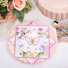 80/40/20 piezas Servilletas desechables de 13 * 13 pulgadas con estampado de mariposas y flores en rosa y azul, para uso en fiestas de cumpleaños, reuniones familiares, banquetes de bodas, decoración de hoteles y restaurantes - Rosa - Ver 6