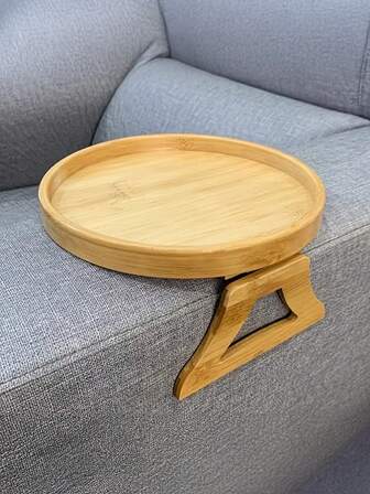 1 pieza Bandeja de apoyabrazos de bambú plegable, mesa auxiliar con clip, se puede asegurar de forma segura en el sofá o la mesa, sin necesidad de montaje, adecuada para el control remoto, artículos pequeños, frutas, té, postres, apariencia natural, bandeja de madera dura