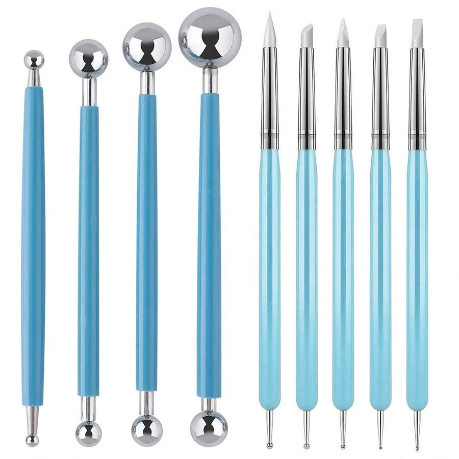 4pcs/5pcs/9pcs Silicone & Stainless Steel Clay Sculpting Tools, Clay Modeling & Sculpting Brushes For Embellishing, Imprinting, Nail Art, Polymer Clay