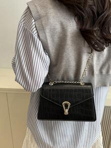 Crocodile Texture Mini Square Shoulder Bag, Minimalist Trapezoid Crossbody Bag With Chain Strap, Versatile - Black - View 7