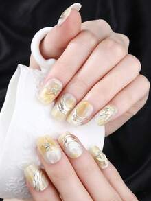 Beauty, Fragrance Style, French Tip Nails, 10-Piece Set, Lemon Yellow, Short Ladder Type, Press On Nails, New Years Nails, Valentines Nail, Wearable Nail Art, Handmade, Elegant And Generous Design, High-End French Style, Gel Polishing, Flash Nail Supplies Nails - Yellow - View 3