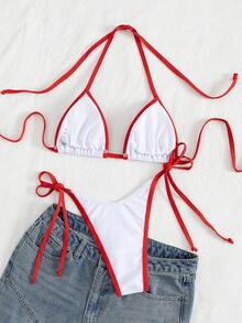 女士撞色绷带性感比基尼泳装套装，海滩度假分体泳装 - 紅白色 - 查看 4