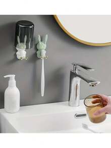1pc,Creative Cute Rabbit Toothbrush Holder, Rabbit Hook, Mouthwash Cup Holder, Plug Holder Hook, Wall Multi-Functional Hook, Home Room Wall Decoration, Bathroom Essentials - Multicolor - View 4