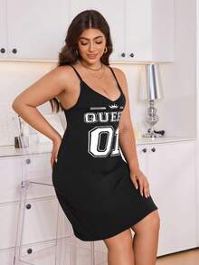 بيجامات نسائية كاجوال مثيرة للسيدات البدينات - لون سادة مطبوع عليه حرف V في الرقبة، ردهة كبيرة الحجم سيور، سترة بدون أكمام فستان نوم بسيط كاجوال للاستخدام المنزلي مناسب لهدايا عيد الحب، بيجامات مطبوعة بشكل حرف وتاج - الأسود - مشاهدة 7