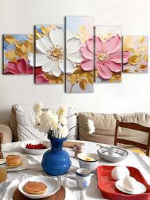 1/5件套牡丹花卉帆布墙画套装 - 现代框画，夏季装饰，农舍风格框画，室内花卉海报，适用于客厅、卧室、餐厅、宿舍 - 春冬季节装饰，卡通图案，木框，母亲节、返校礼物 - 彩色 - 查看 4