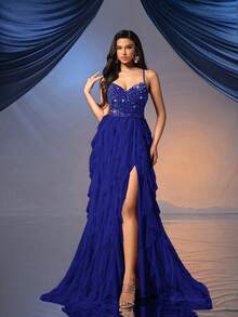 QOQ仙女风女士正式礼服浪漫晚礼服，适合婚礼、鸡尾酒会、慈善舞会等场合，露背亮片网纱礼服，春季款 - 寶藍色 - 查看 4