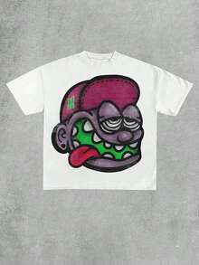 Plus Size Women T-Shirts,Y2k Hip-Hop Street Style Rap Cartoon Head ,(1 Pcs )100% Cotton Casual Printed T-Shirt,Crew Neck Short Sleeve,220g  Cotton T-Shirt,For Going Out,Gift,Summer,Unisex - 白色 - 查看 1