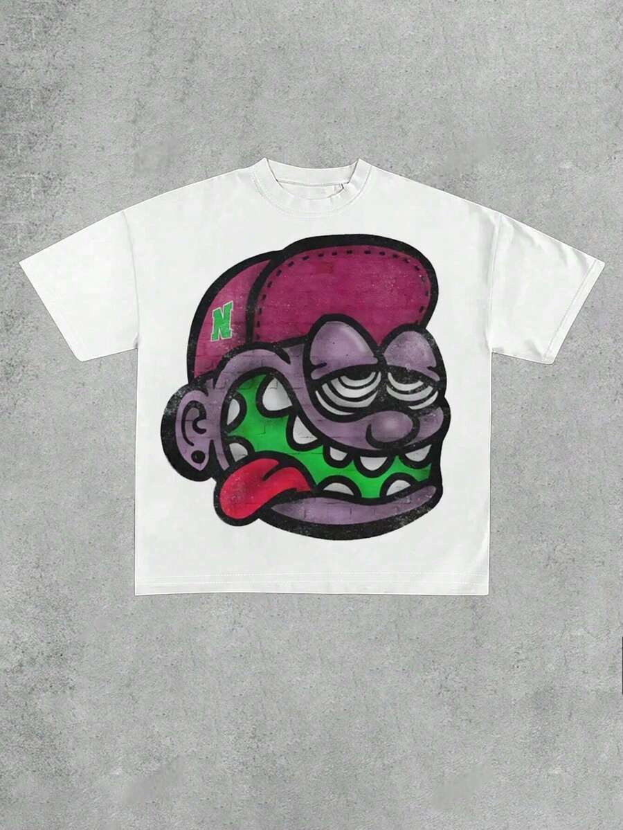 Plus Size Women T-Shirts,Y2k Hip-Hop Street Style Rap Cartoon Head ,(1 Pcs )100% Cotton Casual Printed T-Shirt,Crew Neck Short Sleeve,220g  Cotton T-Shirt,For Going Out,Gift,Summer,Unisex - 白色 - 查看 1
