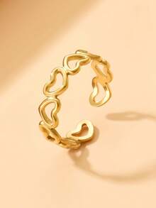 1 pieza Anillo de acero inoxidable ajustable con corazón hueco, accesorio decorativo dulce para uso diario - Dorado - Ver 10