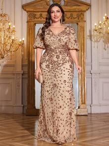 hezixi 大码女士高品质弹力亮片修身 V 领灯笼袖优雅正式礼服适合派对、婚礼、正式晚宴（大量装饰）