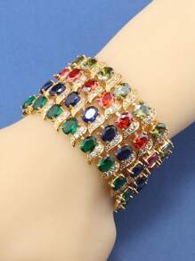 Elegantes Luxus 18K Goldplattiertes Armband mit mehrfarbigen synthetischen kubischen Zirkonia-Steinen, Kupfer-Gliederkette, Hochzeit & Bankett Mode Schmuck für Frauen
