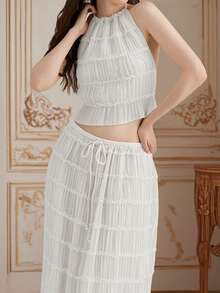 Camisetas sin mangas para mujer con cuello halter anudado, volantes y dobladillo plisado, sin espalda. - Blanco - Ver 3