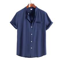 男式宽松海军蓝休闲立领口袋衬衫 - 藏蓝色 - 查看 1