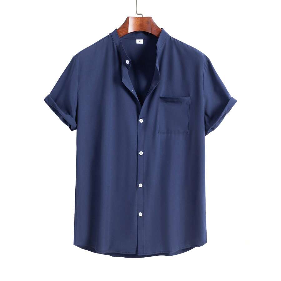 男式宽松海军蓝休闲立领口袋衬衫 - 藏蓝色 - 查看 1