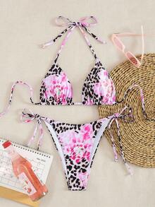 Summer Women's Leopard Floral Print Halter Neck 2pcs Bikini Set - Multicolor - View 1