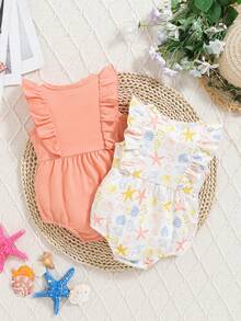 3 Pieces Set Baby Girl Spring/Summer Outfit: 1pc Yellow Bird & Leaf Print, 1pc Pink Ditsy Floral, 1pc Blue Bird & Leaf Print Cap Sleeve Bodysuit - Multicolor - View 2