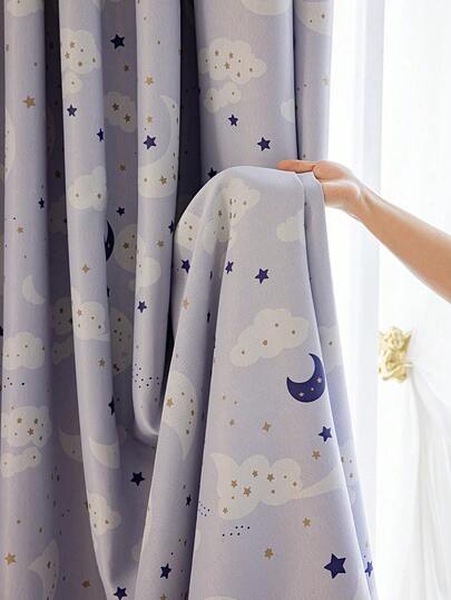 1件简约可爱云朵月亮星星印花遮光窗帘，适用于客厅、卧室、阳台