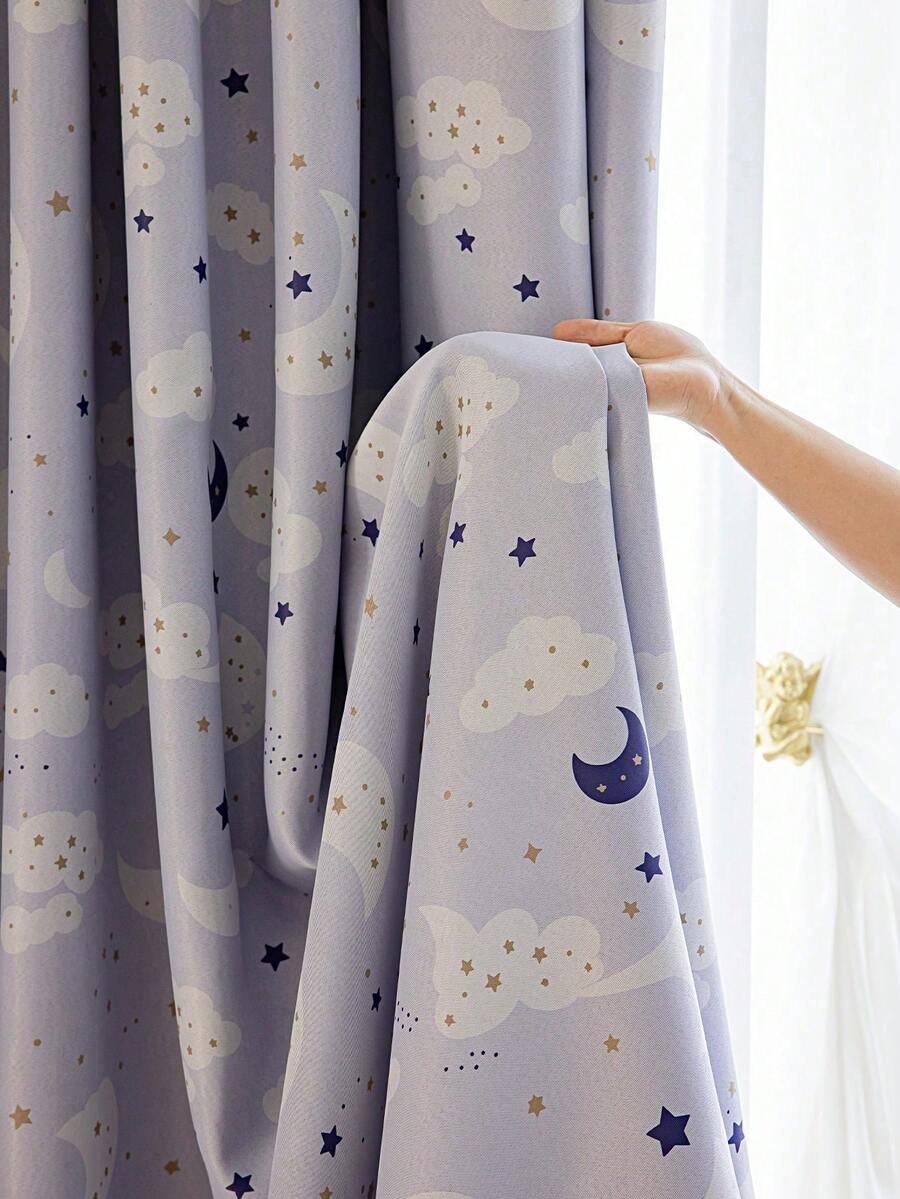 1件简约可爱云朵月亮星星印花遮光窗帘，适用于客厅、卧室、阳台 - 彩色 - 查看 1