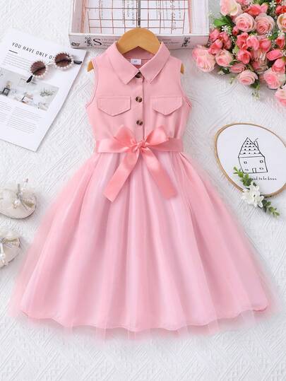 Young Girl Solid Color Sleeveless Collared Mesh Dress With Waist Belt