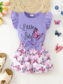 Girls Sleeveless Top & Shorts 2pcs Set, Round Neck Lace Ruffle Sleeve Blouse + Butterfly Print Shorts, Casual Daily Wear For 4-7 Years Old