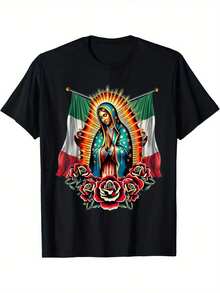 Our Lady Virgen De Guadalupe Virgin Mary Mexican Flag T-Shirt - 黑色 - 查看 1