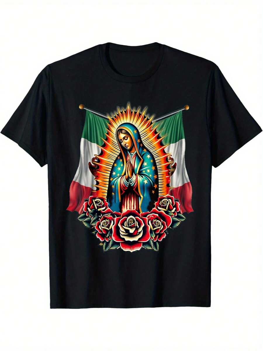Our Lady Virgen De Guadalupe Virgin Mary Mexican Flag T-Shirt - 黑色 - 查看 1