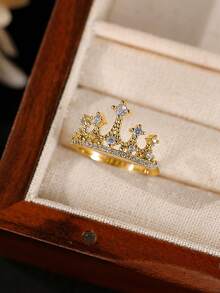 Nhẫn bạc đính đá pha lê hình vương miện nữ hoàng sang trọng, Quà tặng trang sức thời trang cho phụ nữ, Thích hợp cho đám cưới, ngày lễ tình nhân và ngày của mẹ - Vàng - Xem 3