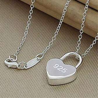魅力银色方形/心形锁吊坠项链带原创标志 16-30 英寸链子适合女士婚礼订婚