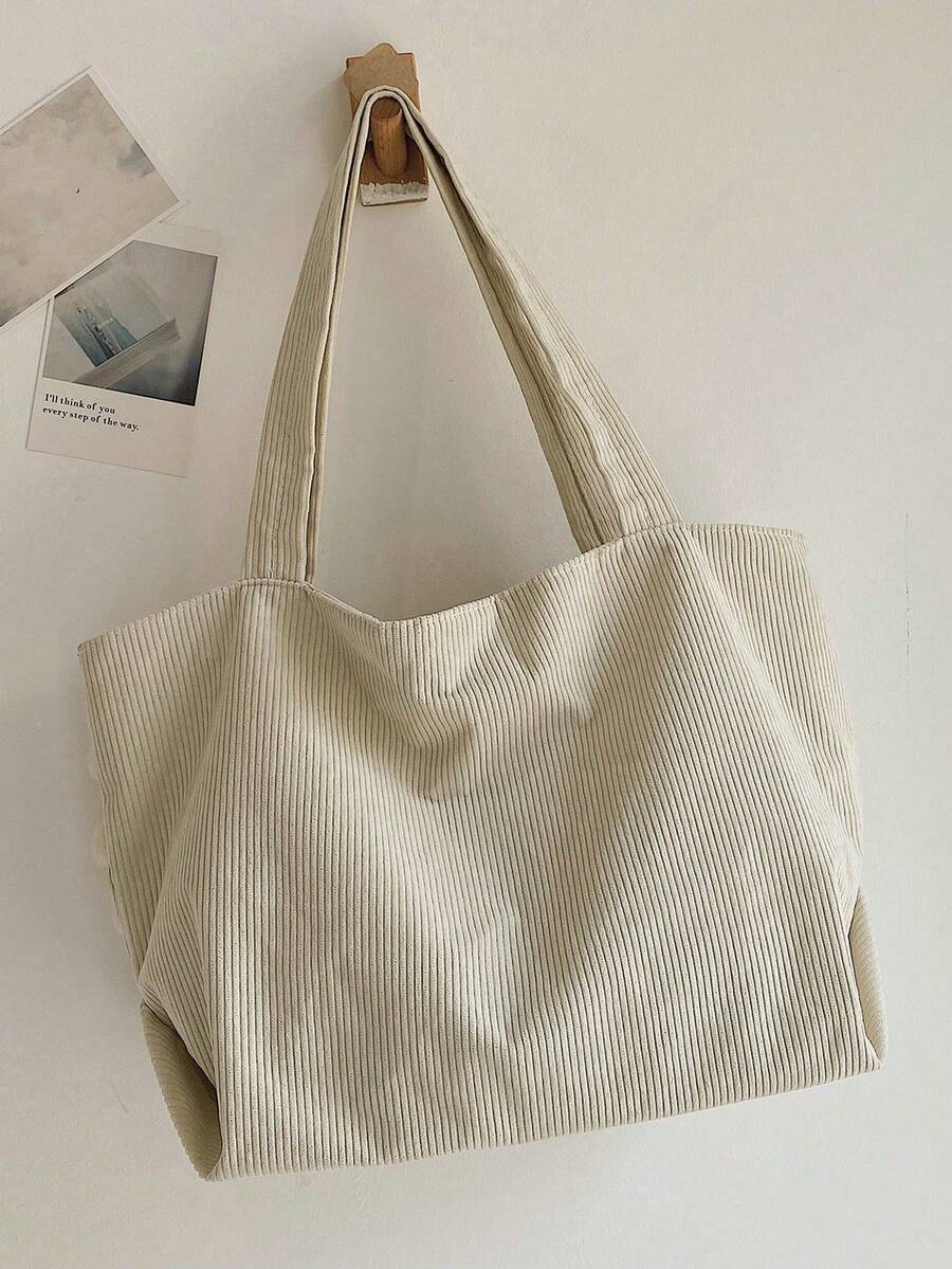Korean Style Solid Color Shoulder Handbag, 2025 New Simple Tote Bag Large Capacity For College Student Shopping - Beige - View 1