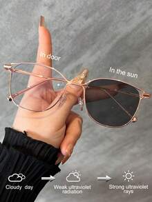 1pc Metal Cat-Eye Hollow Frame Ultra-Light Decoration Mirror, Multi-Purpose Indoor Computer Mirror & Outdoor Photochromic Fashion Glasses For Summer Beach Vacation,Outdoor,Travel - Transparent to Black - View 2